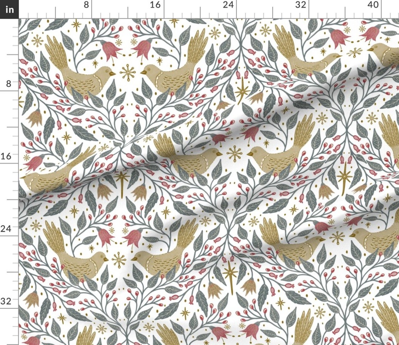 Winter Floral Festive Holiday Christmas Damask Birds Berries Folk Art Winter Holidays Red Green Dots Stars Christmas Folk Art Classic Christmas Custom Printed Fabric by Spoonflower Various Fabrics by the Yard or Fat Quarter